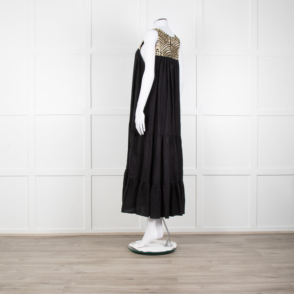 Greek Archaic Kori Black Sleeveless Maxi Dress With Gold Embroidered Bodice