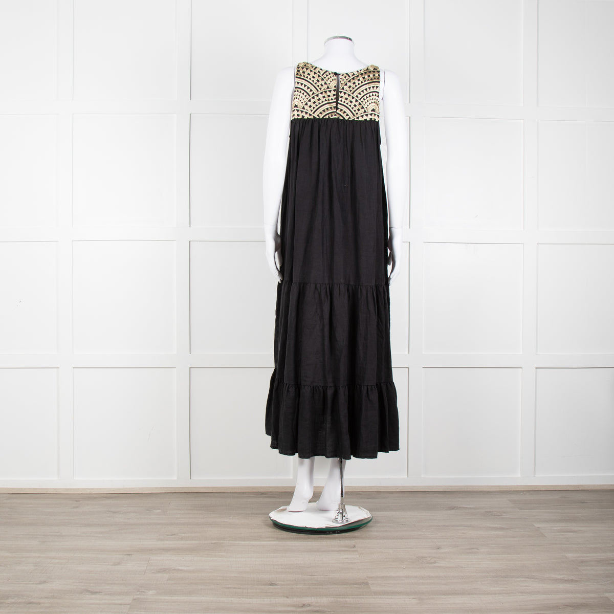 Greek Archaic Kori Black Sleeveless Maxi Dress With Gold Embroidered Bodice