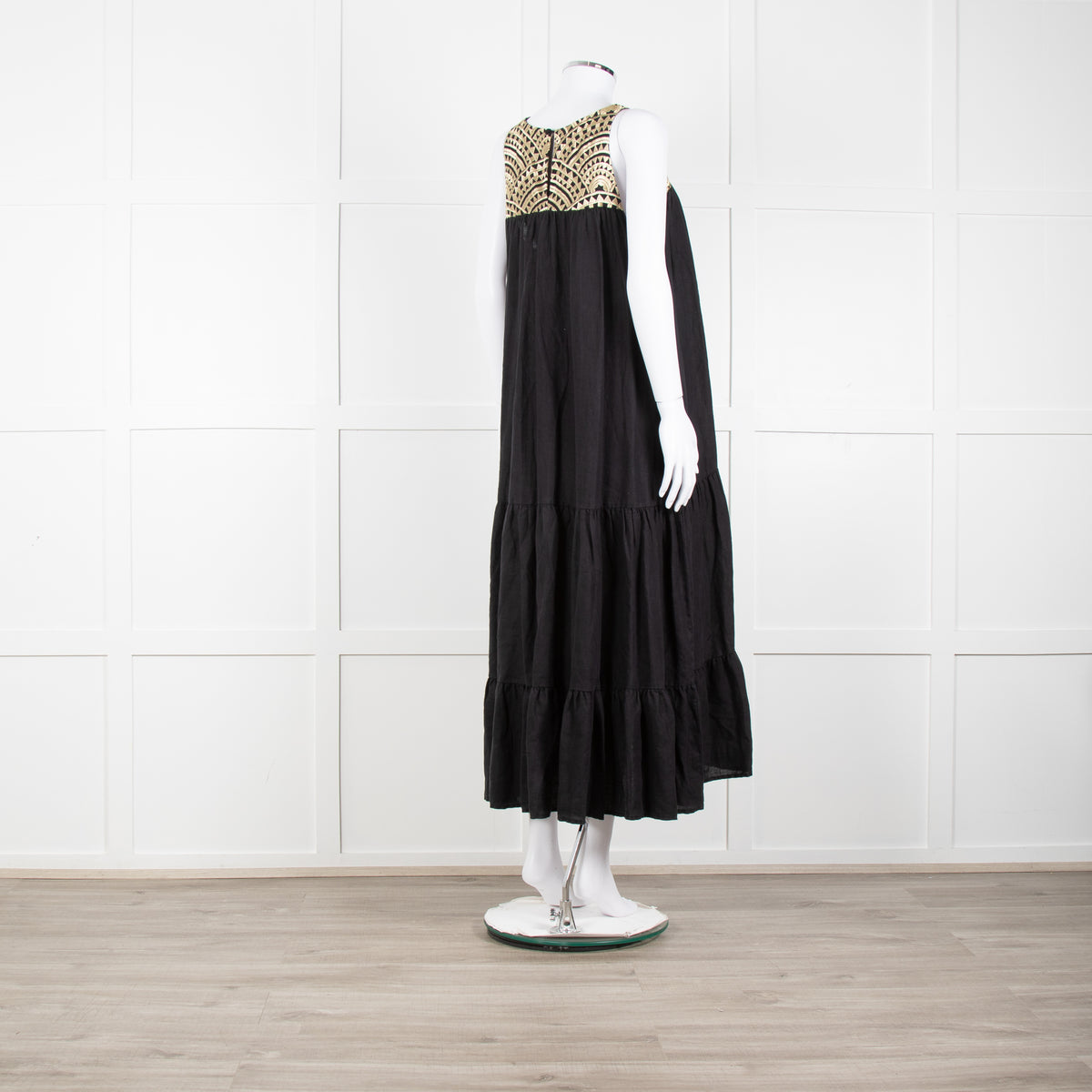 Greek Archaic Kori Black Sleeveless Maxi Dress With Gold Embroidered Bodice