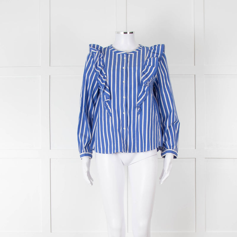 J Crew Blue and White Frill Detail Collarless Shirt