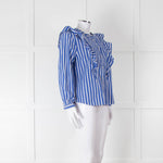 J Crew Blue and White Frill Detail Collarless Shirt
