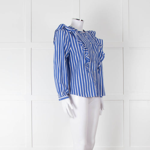 J Crew Blue and White Frill Detail Collarless Shirt