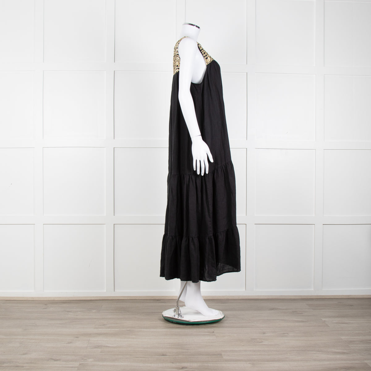 Greek Archaic Kori Black Sleeveless Maxi Dress With Gold Embroidered Bodice