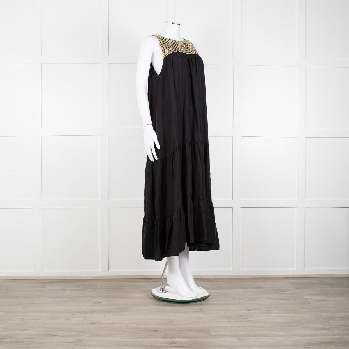 Greek Archaic Kori Black Sleeveless Maxi Dress With Gold Embroidered Bodice