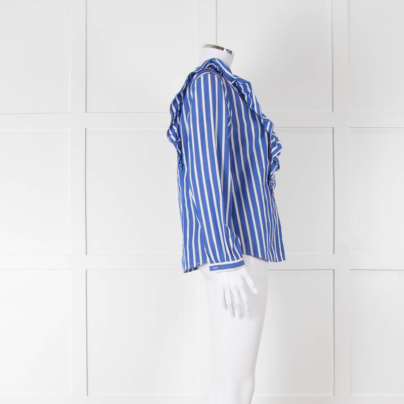 J Crew Blue and White Frill Detail Collarless Shirt