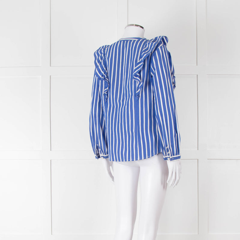 J Crew Blue and White Frill Detail Collarless Shirt