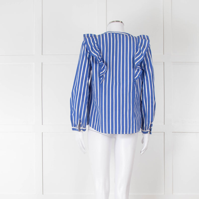 J Crew Blue and White Frill Detail Collarless Shirt