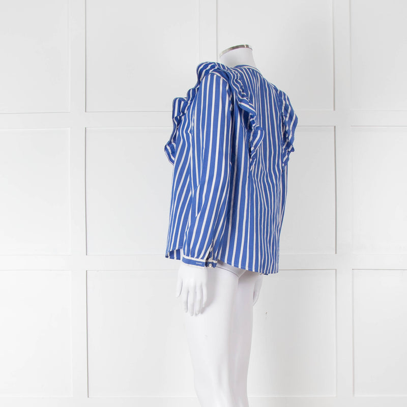 J Crew Blue and White Frill Detail Collarless Shirt