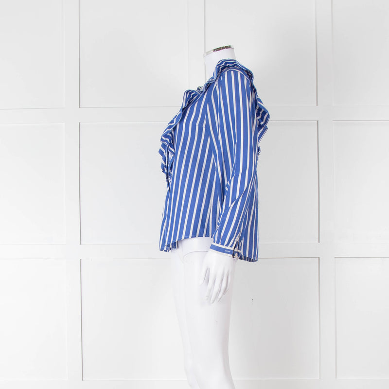 J Crew Blue and White Frill Detail Collarless Shirt