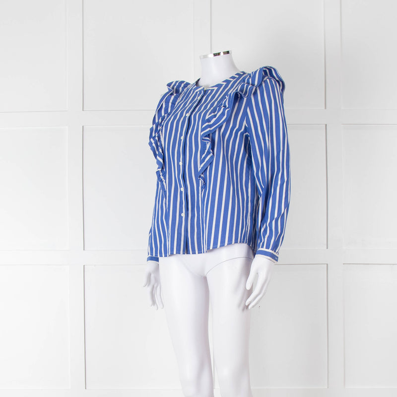 J Crew Blue and White Frill Detail Collarless Shirt