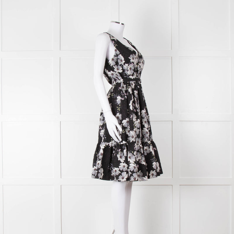 Erdem Black Textured Floral Sleeveless Dress with Belt