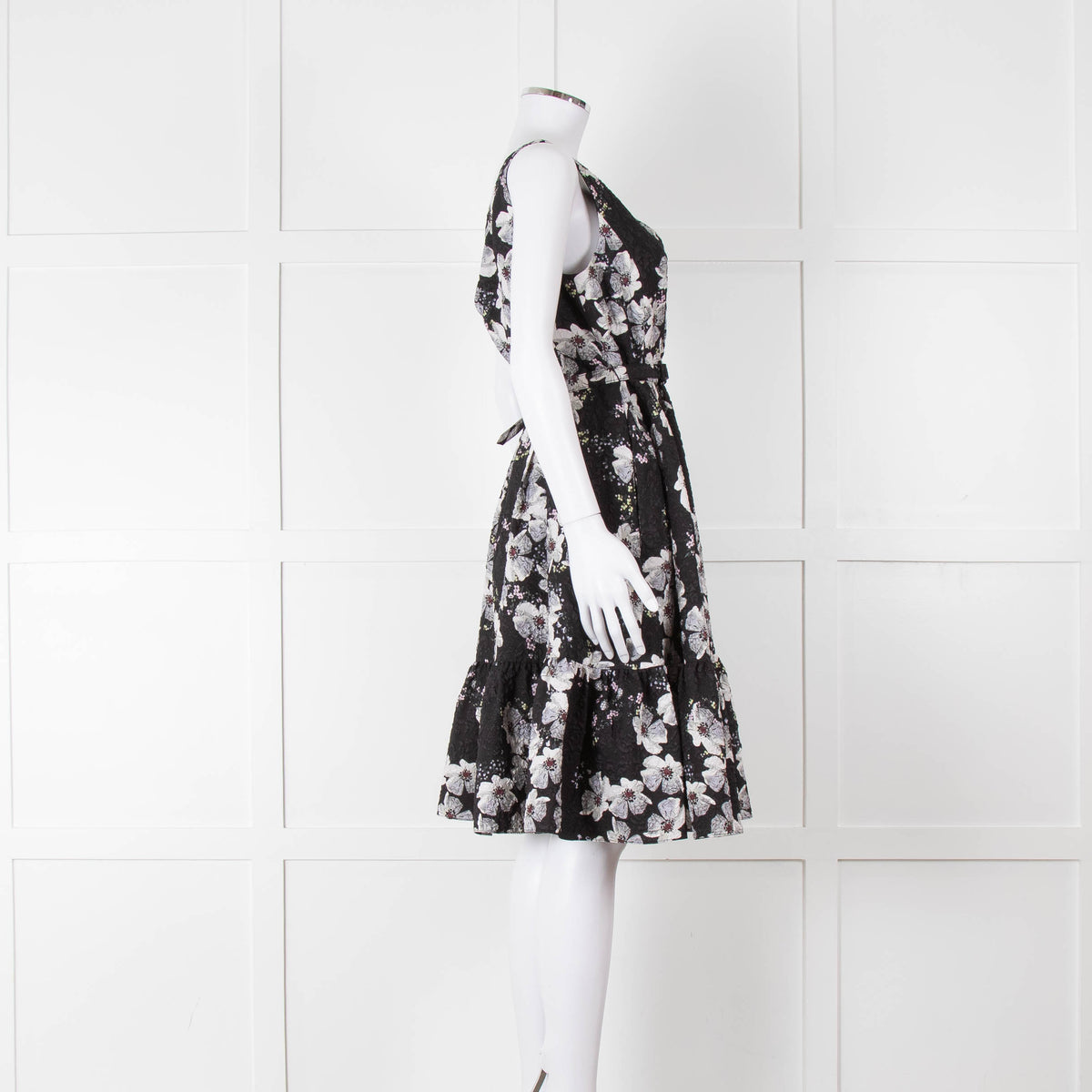 Erdem Black Textured Floral Sleeveless Dress with Belt
