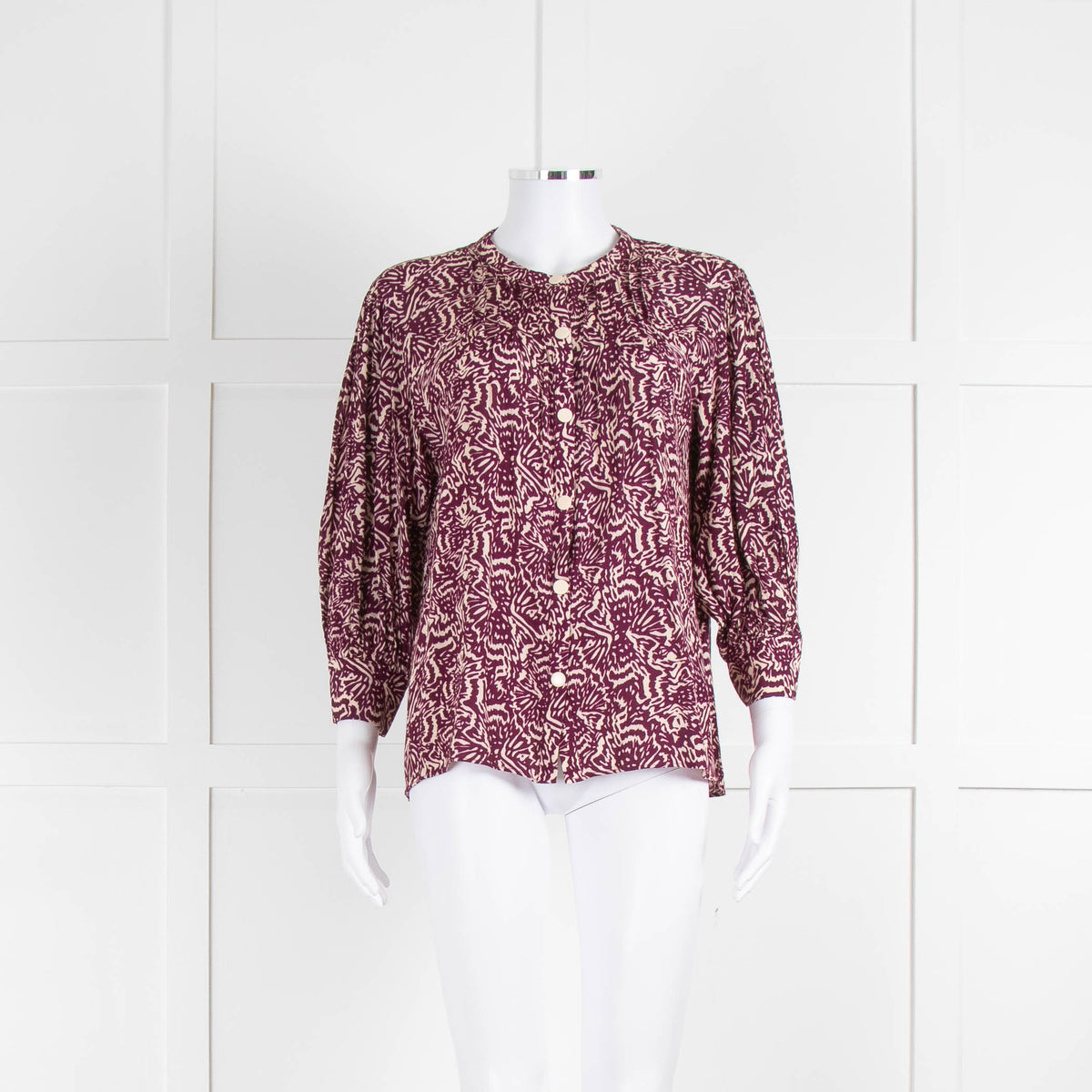 Ba&sh Burgundy Red Cream Print Popper Button Blouse