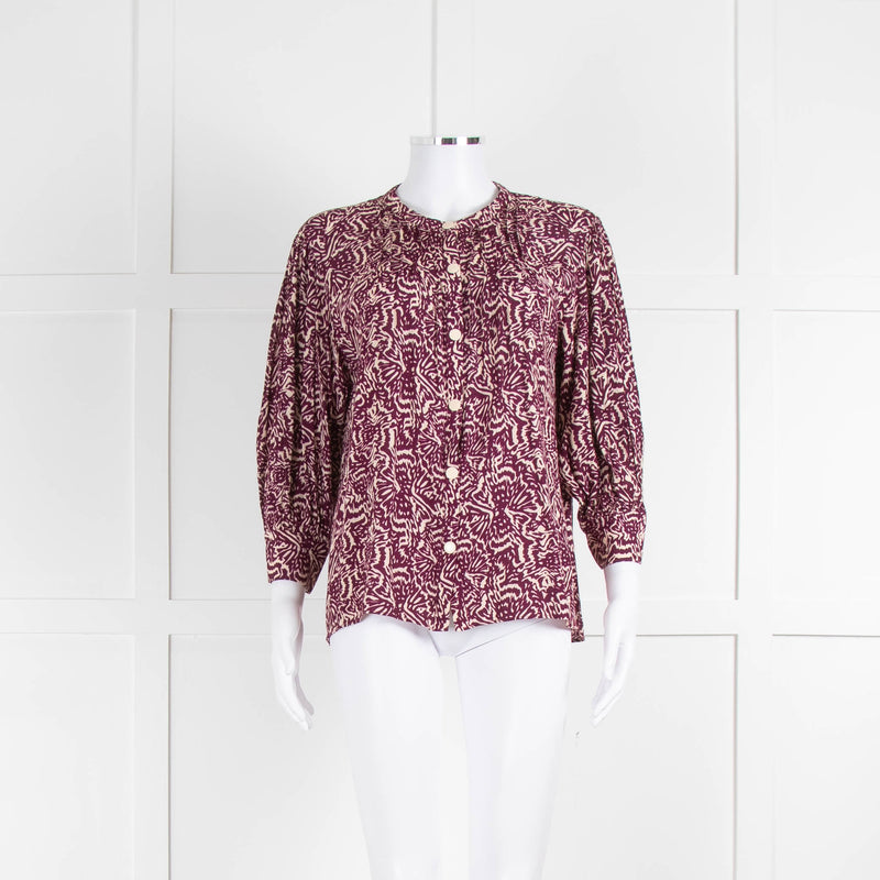 Ba&sh Burgundy Red Cream Print Popper Button Blouse