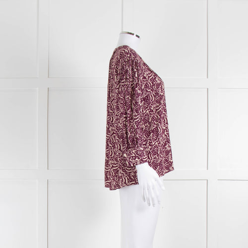 Ba&sh Burgundy Red Cream Print Popper Button Blouse