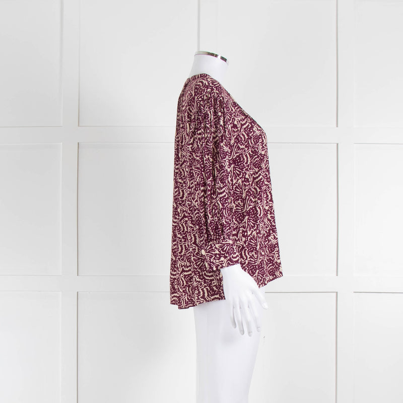 Ba&sh Burgundy Red Cream Print Popper Button Blouse