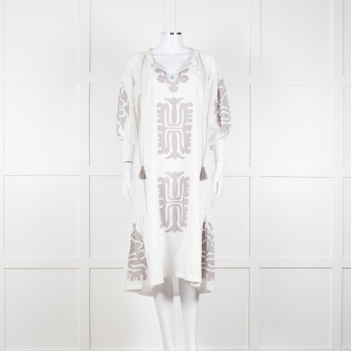 Rose And Rose White And Grey Kaftan Dress With Tassle Ties