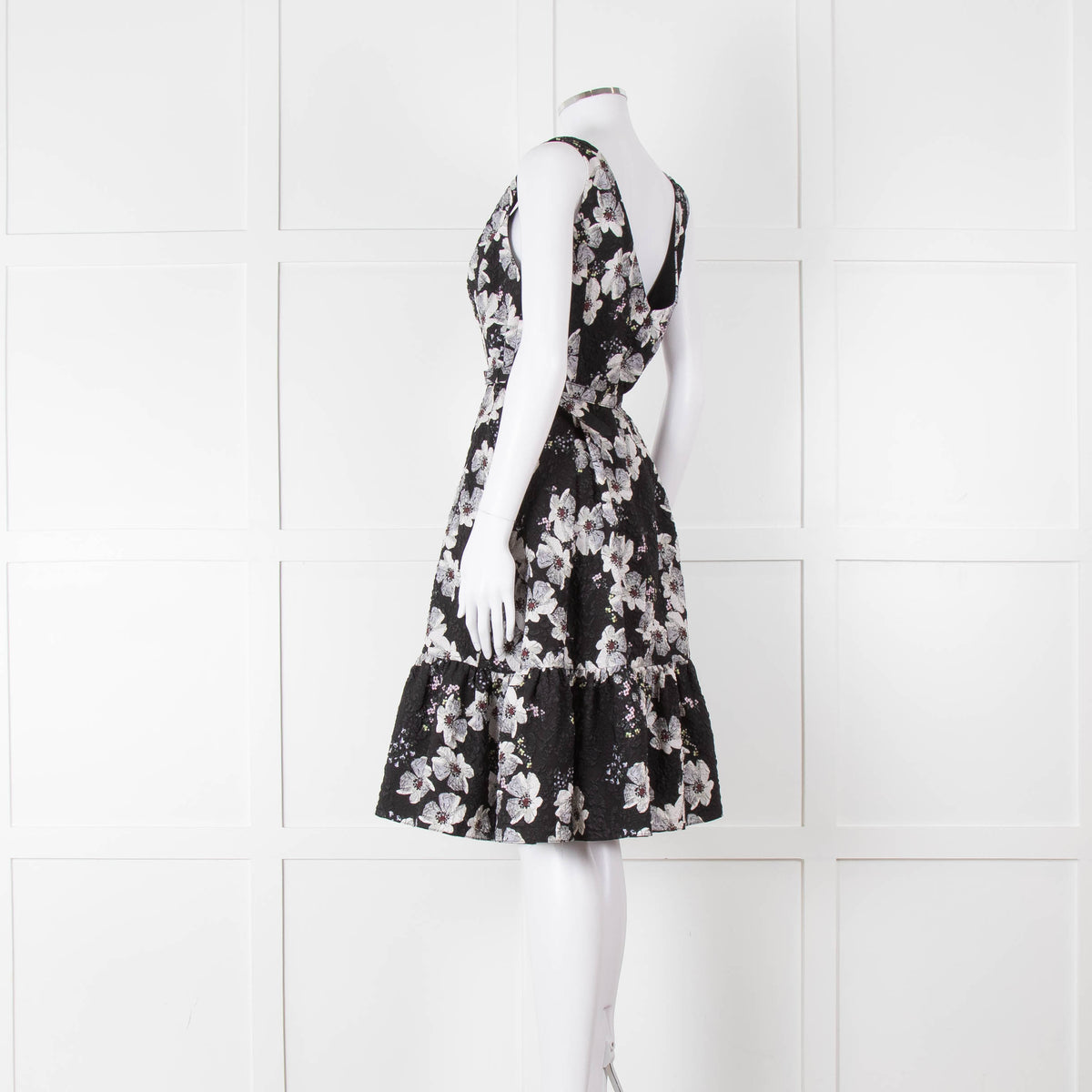 Erdem Black Textured Floral Sleeveless Dress with Belt