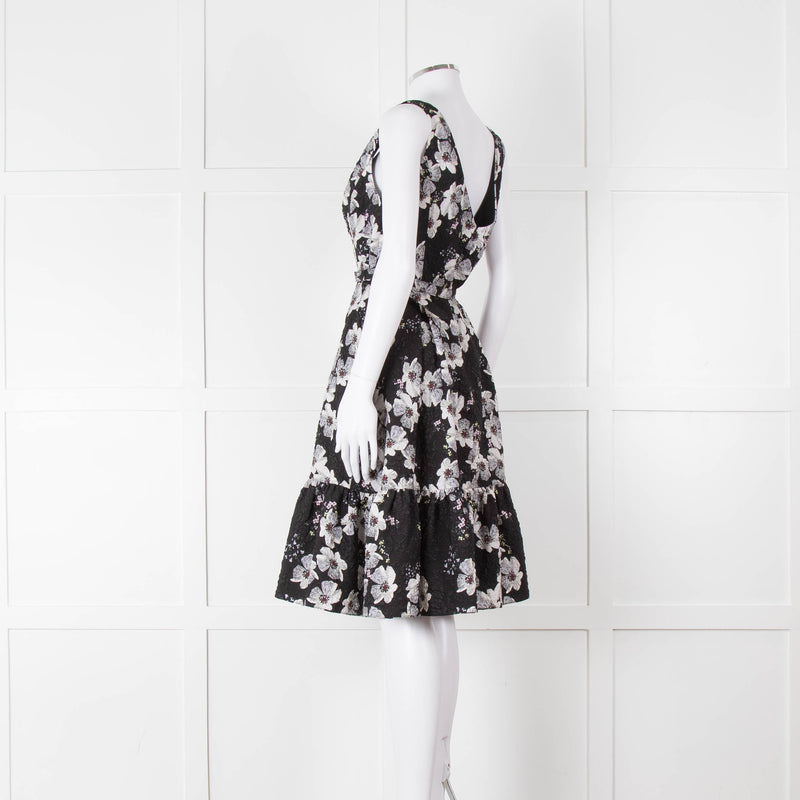 Erdem Black Textured Floral Sleeveless Dress with Belt