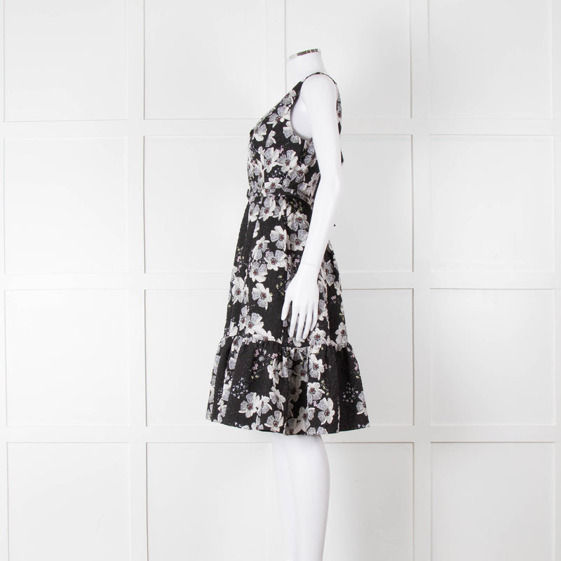 Erdem Black Textured Floral Sleeveless Dress with Belt