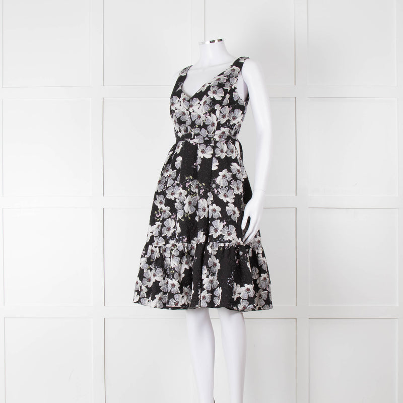Erdem Black Textured Floral Sleeveless Dress with Belt