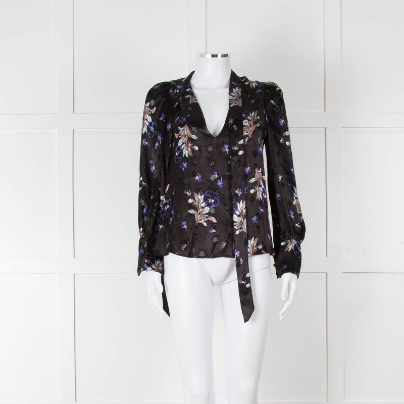 Rebecca Taylor Black Silk Blouse with Tie Neck and Puff Shoulders
