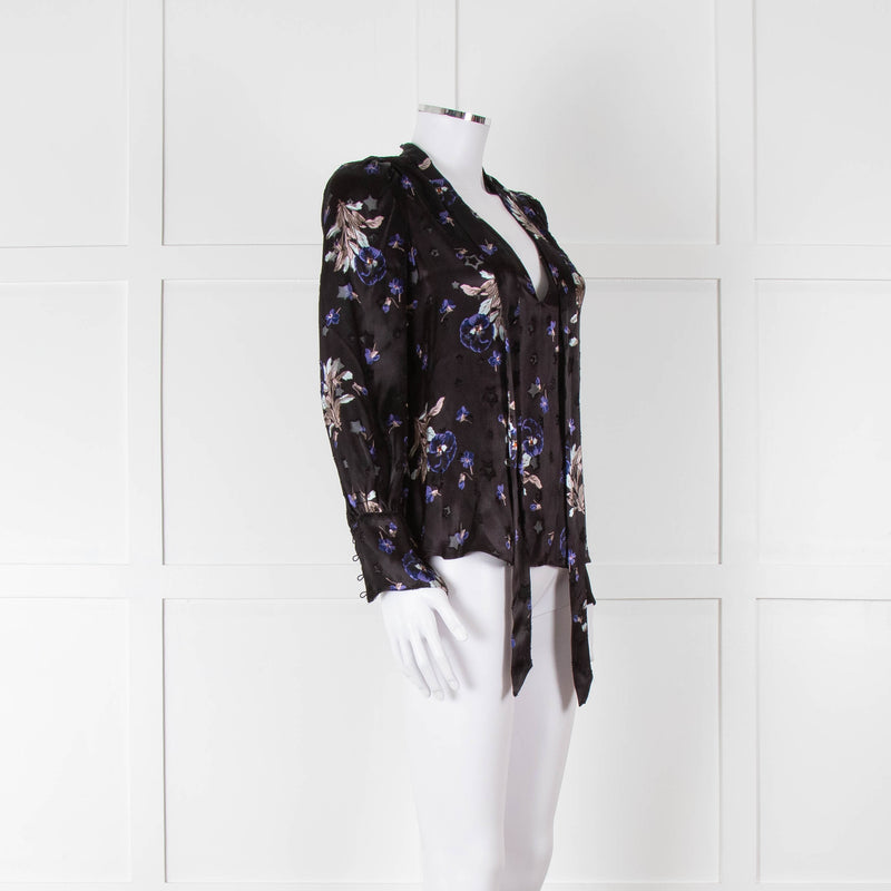 Rebecca Taylor Black Silk Blouse with Tie Neck and Puff Shoulders