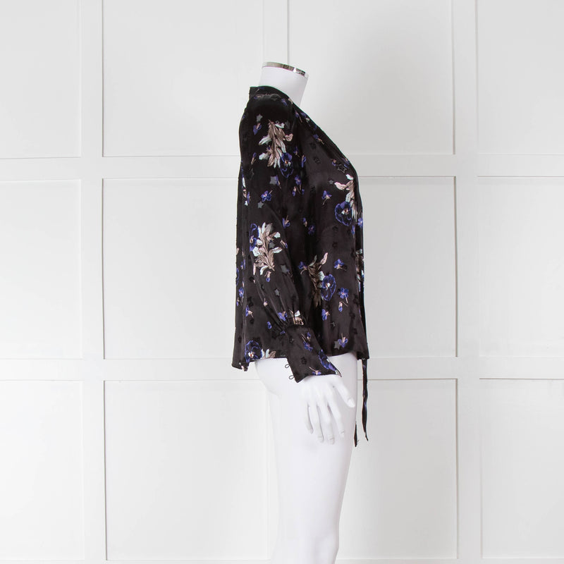 Rebecca Taylor Black Silk Blouse with Tie Neck and Puff Shoulders