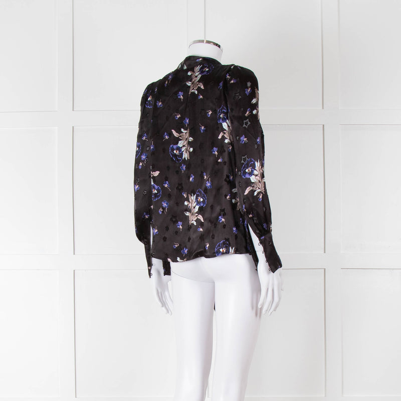 Rebecca Taylor Black Silk Blouse with Tie Neck and Puff Shoulders