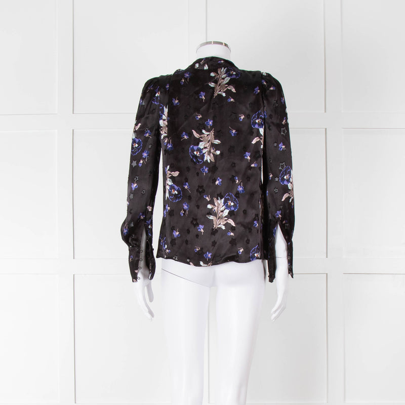 Rebecca Taylor Black Silk Blouse with Tie Neck and Puff Shoulders