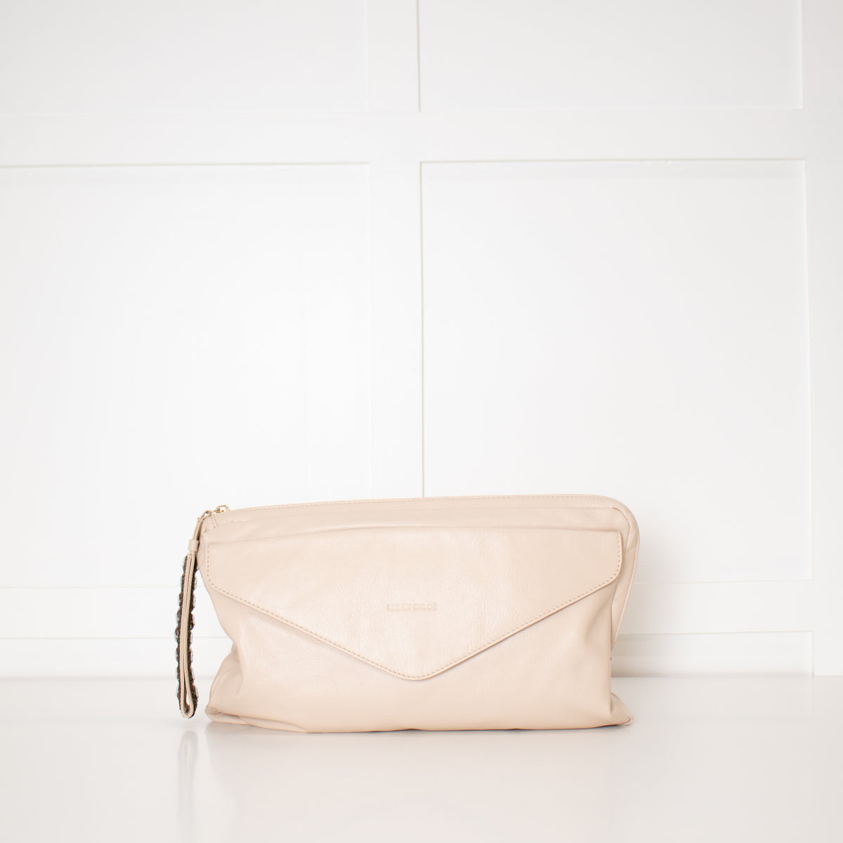 See By Chloe Cream Leather Leonie Embellished Zipper Puller Clutch Bag