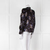 Rebecca Taylor Black Silk Blouse with Tie Neck and Puff Shoulders
