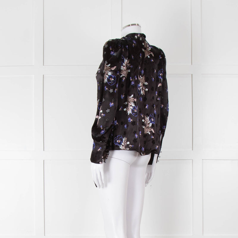 Rebecca Taylor Black Silk Blouse with Tie Neck and Puff Shoulders