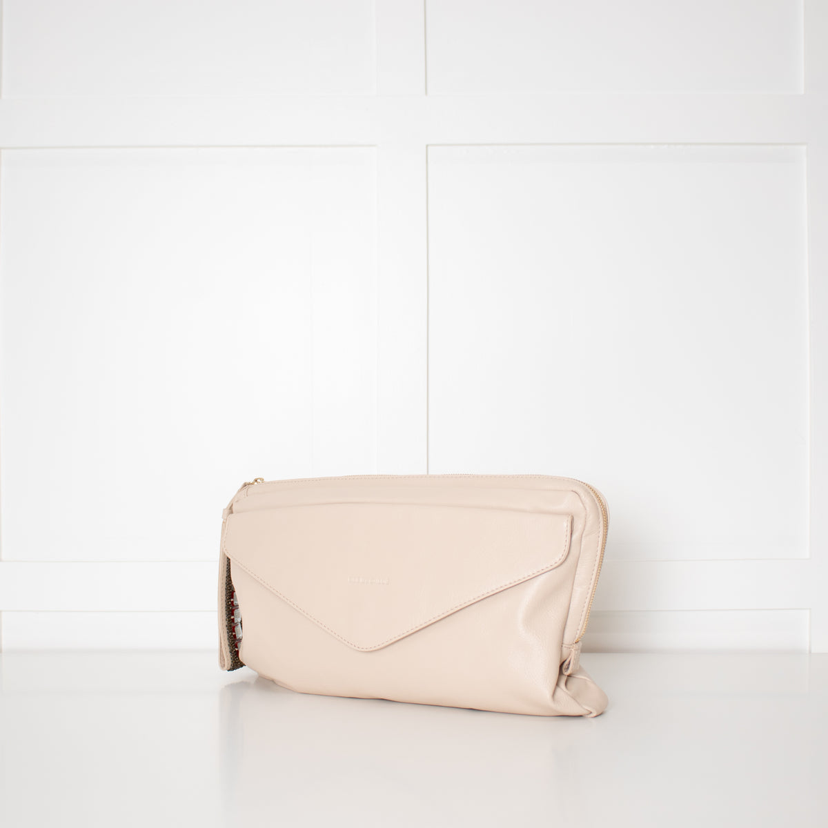 See By Chloe Cream Leather Leonie Embellished Zipper Puller Clutch Bag