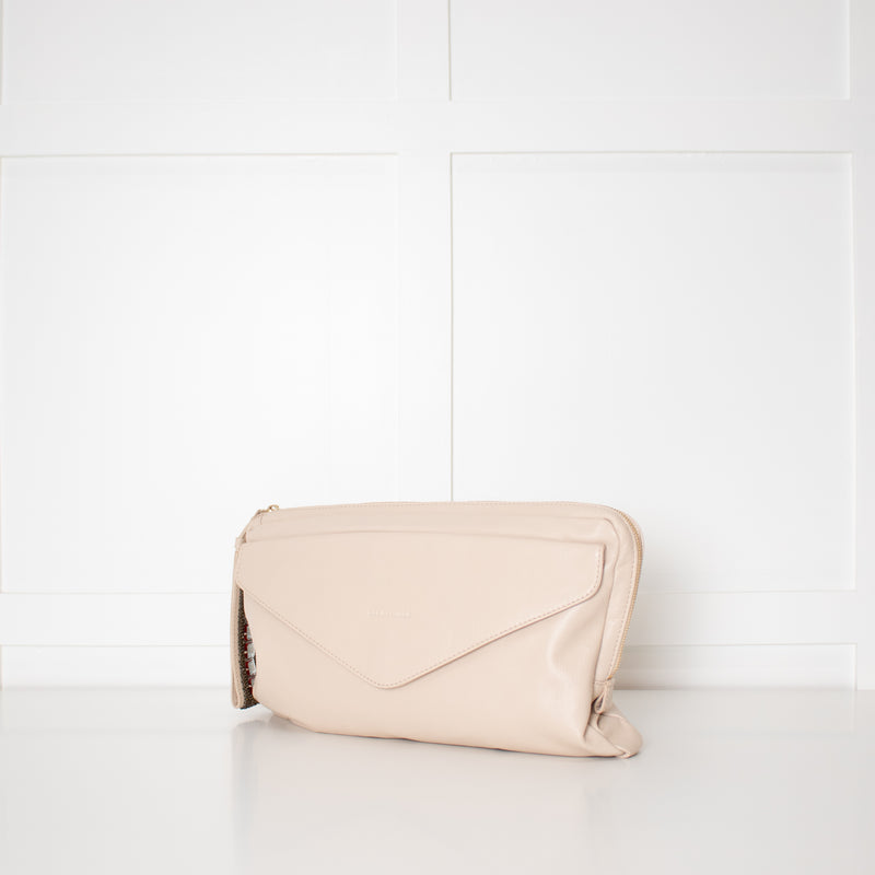 See By Chloe Cream Leather Leonie Embellished Zipper Puller Clutch Bag