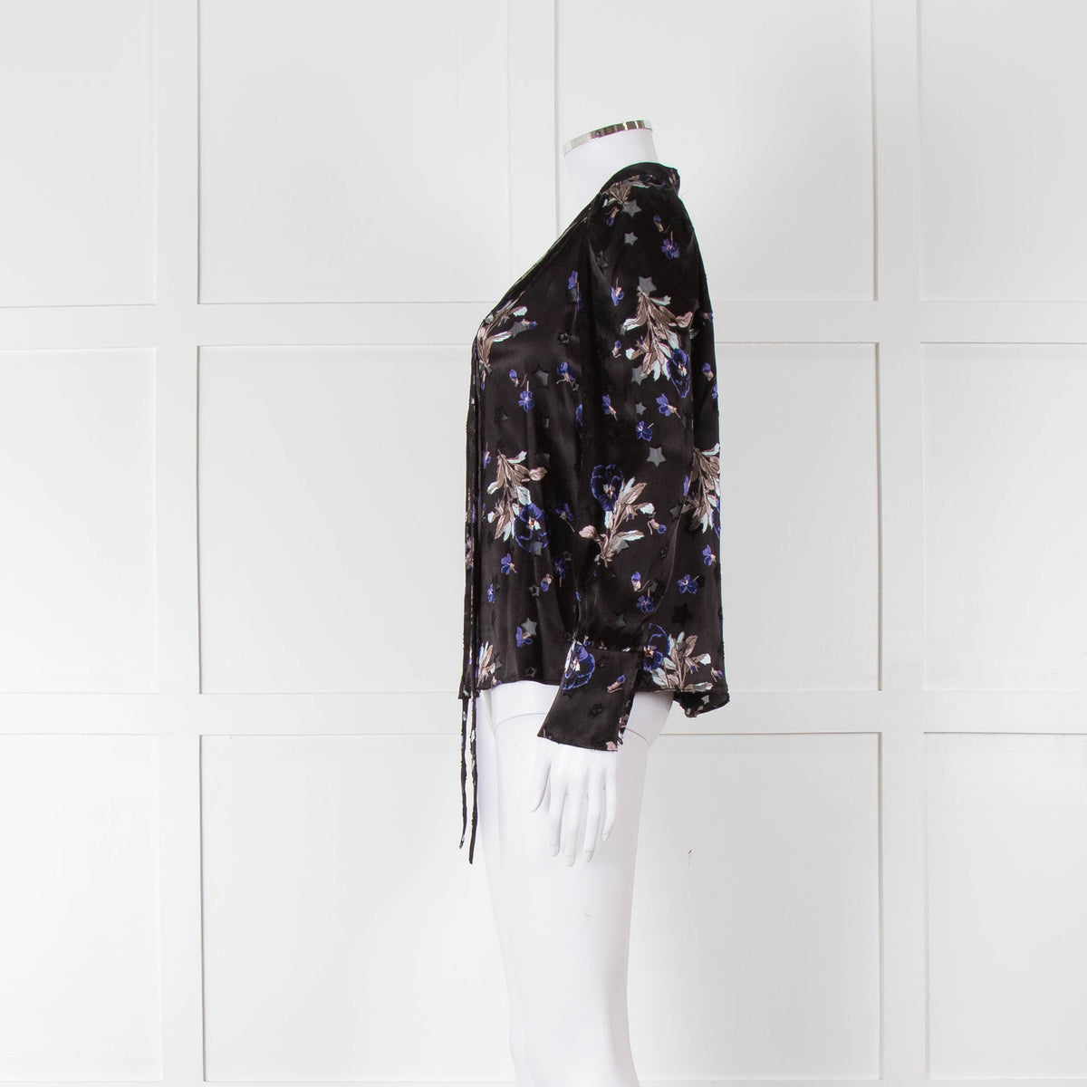 Rebecca Taylor Black Silk Blouse with Tie Neck and Puff Shoulders