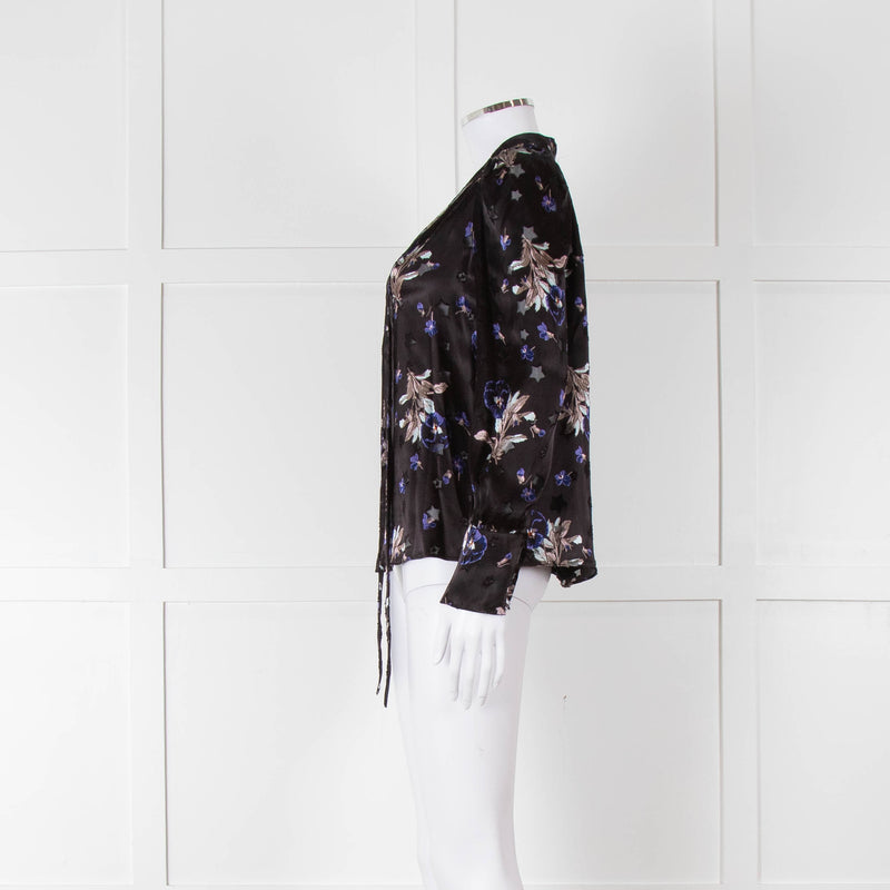 Rebecca Taylor Black Silk Blouse with Tie Neck and Puff Shoulders