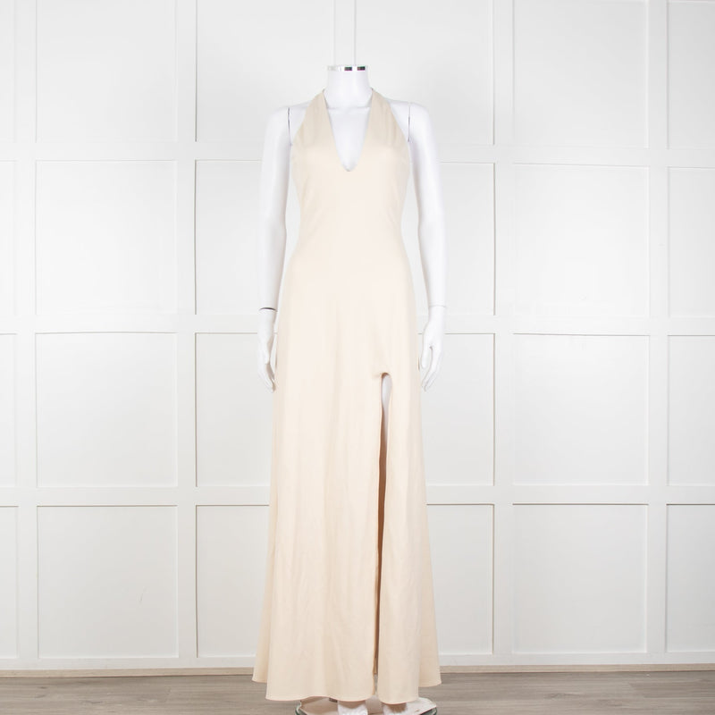 Halston Beige Stretch Halterneck Midi Dress