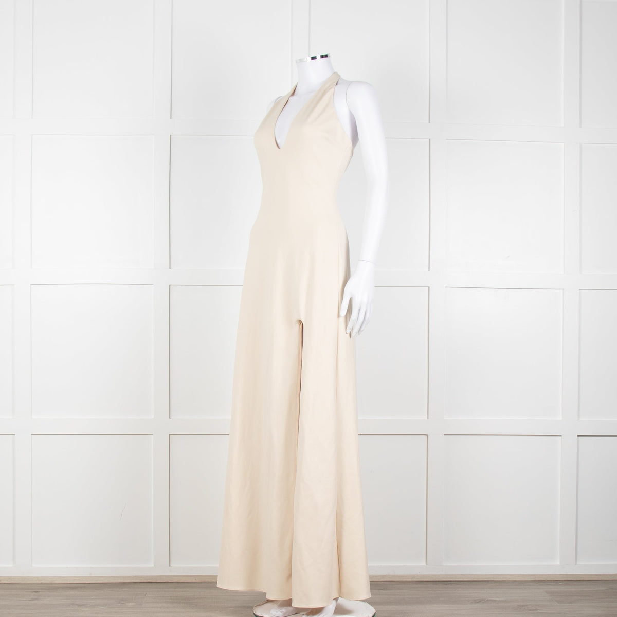 Halston Beige Stretch Halterneck Midi Dress