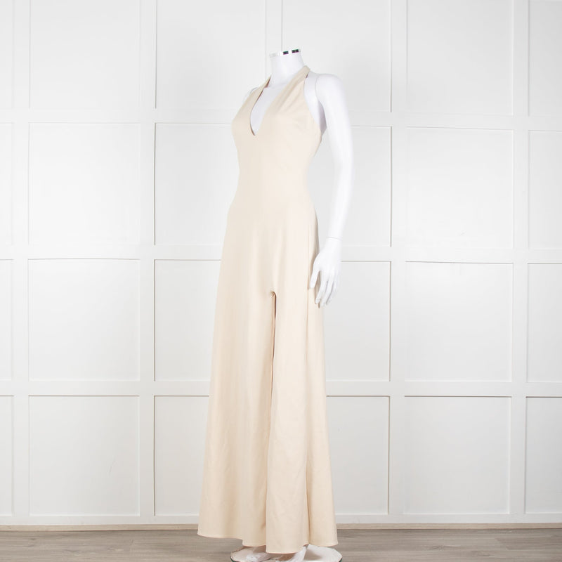Halston Beige Stretch Halterneck Midi Dress