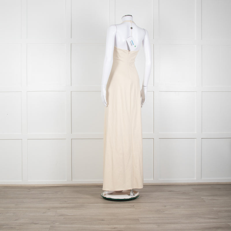 Halston Beige Stretch Halterneck Midi Dress