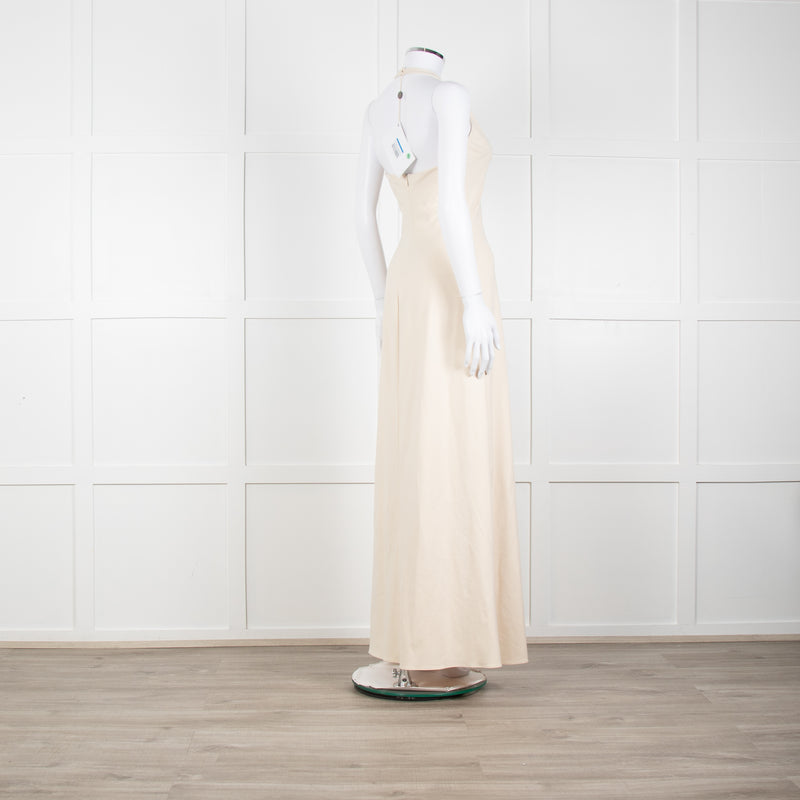 Halston Beige Stretch Halterneck Midi Dress