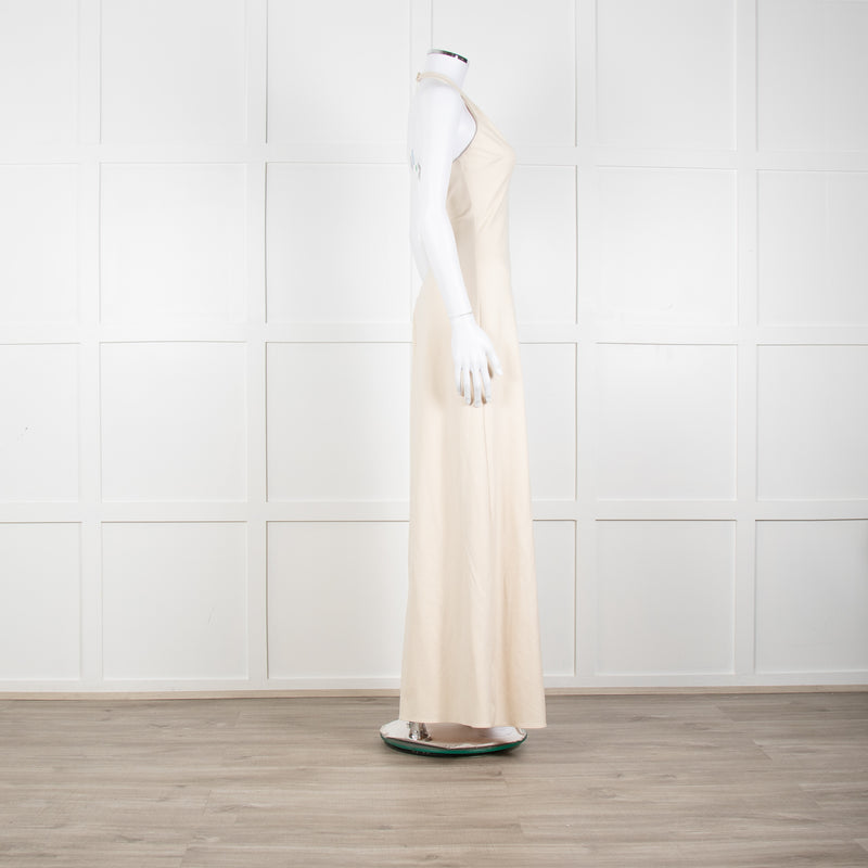 Halston Beige Stretch Halterneck Midi Dress