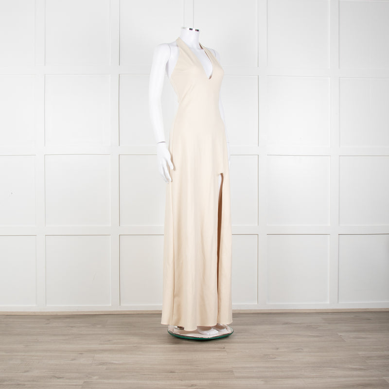 Halston Beige Stretch Halterneck Midi Dress
