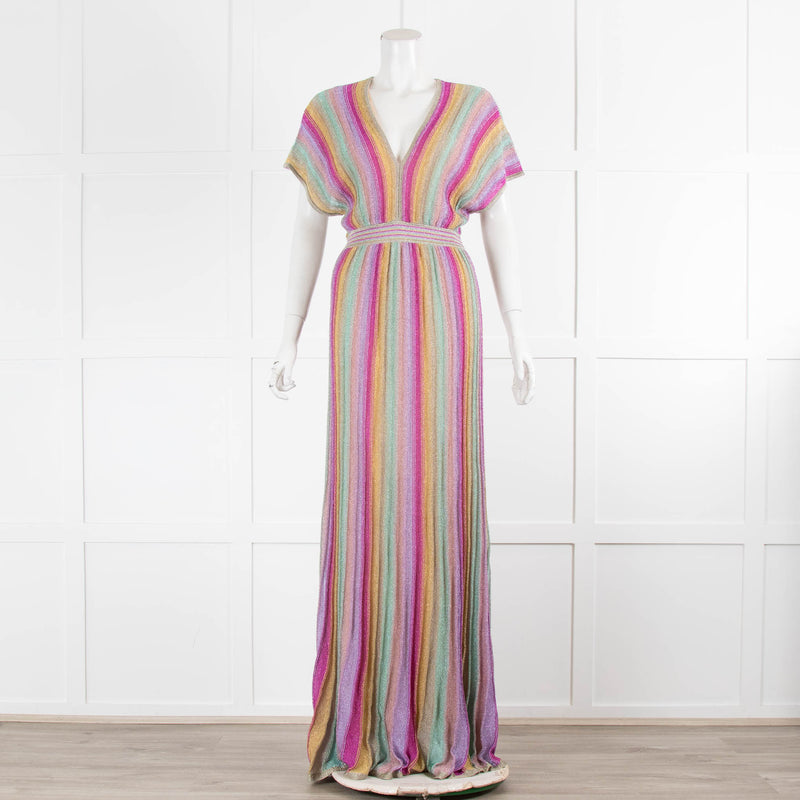 Missoni Collection Pale Pink Green Yellow Metallic Stripe Maxi Dress