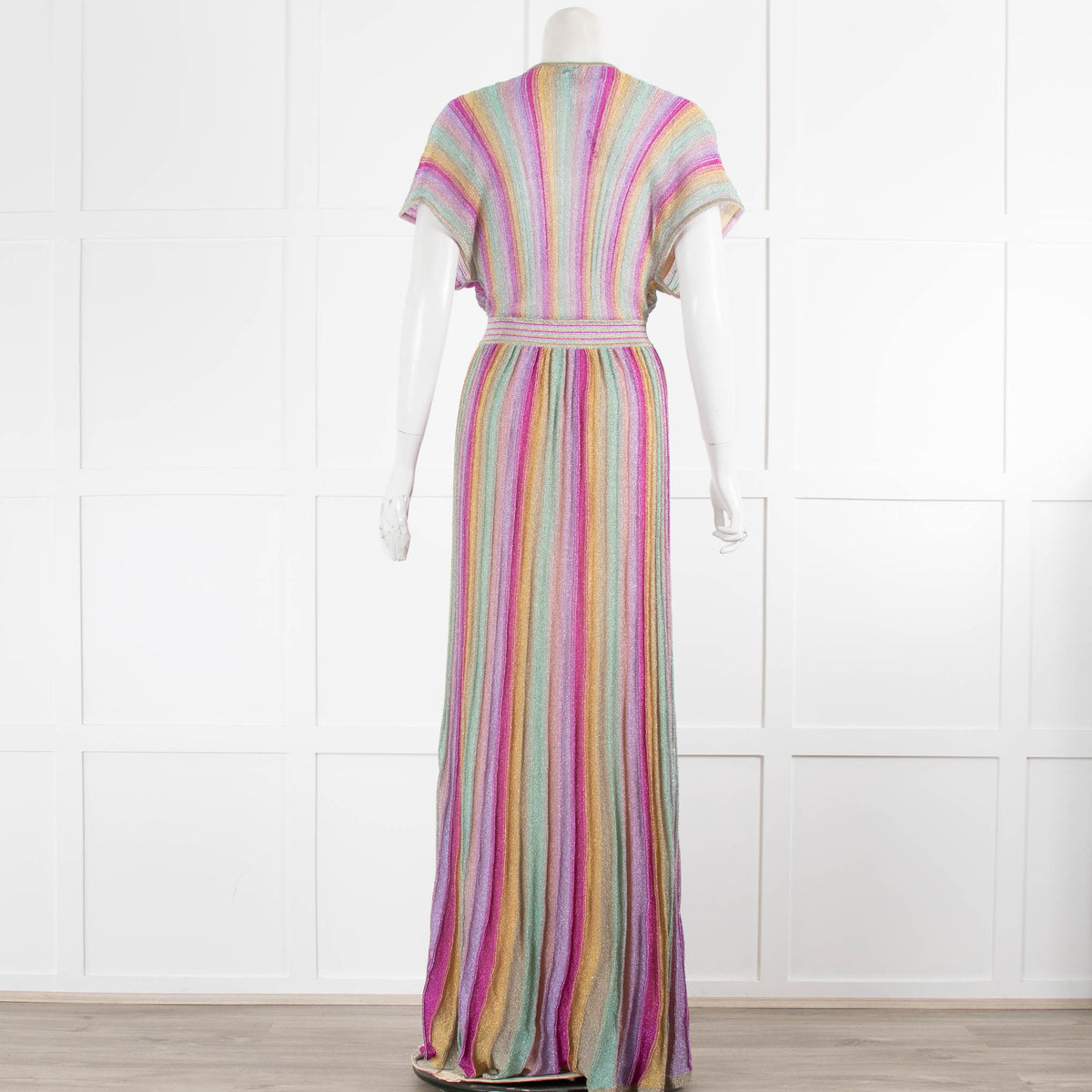 Missoni Collection Pale Pink Green Yellow Metallic Stripe Maxi Dress