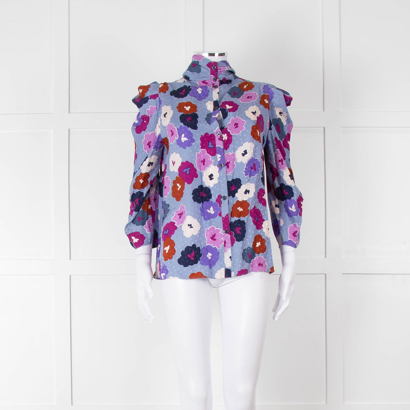 Kate Spade Blue, Orange, Purple and Navy Floral High Neck Blouse