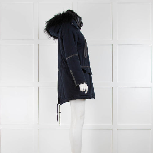 The Kooples Navy Blue Parka With Leather And Fur Trim