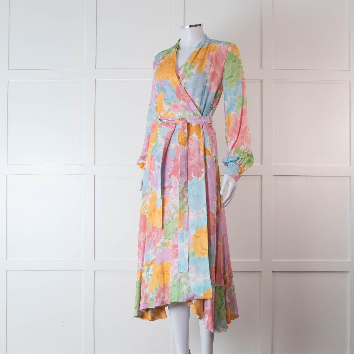 Stine Goya Pink, Yellow, Blue and Green Pastel Floral Wrap Dress