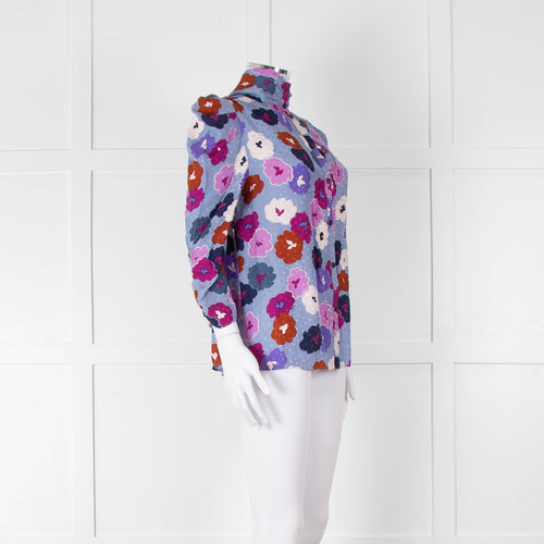 Kate Spade Blue, Orange, Purple and Navy Floral High Neck Blouse
